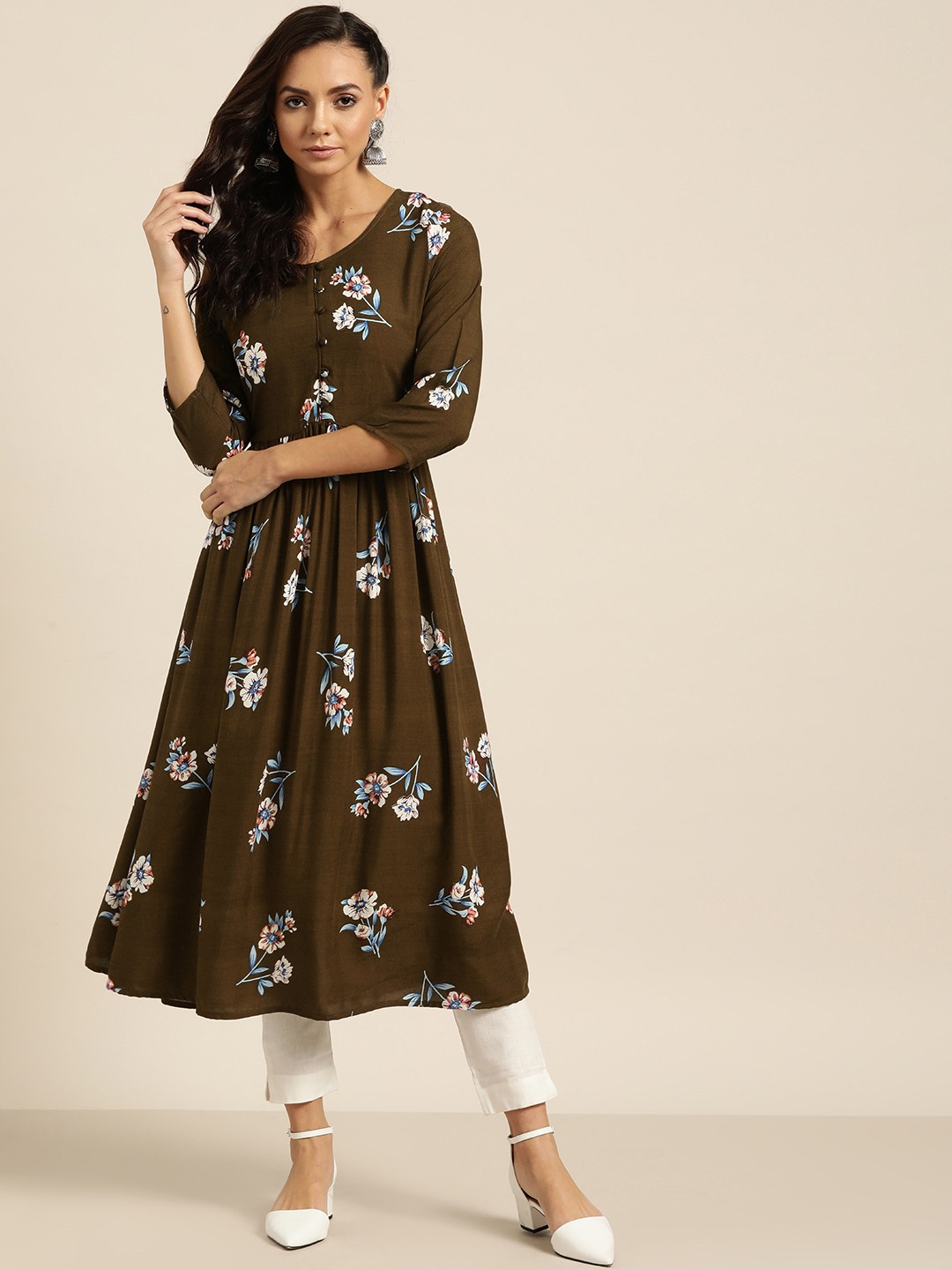 

Moda Rapido Women Olive Green & Blue Floral Printed A-Line Kurta