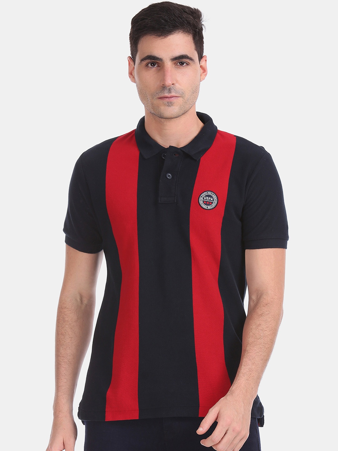 

U.S. Polo Assn. Men Blue Red Striped Polo Collar Pure Cotton T-shirt