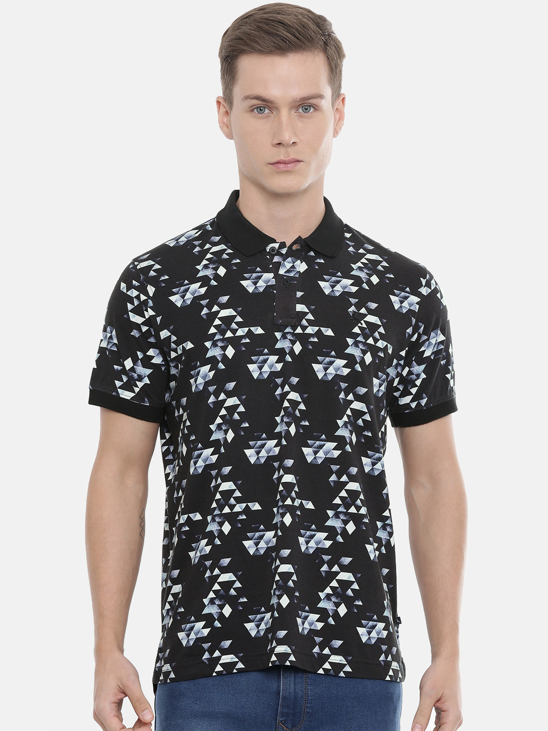 

Parx Men Black White Printed Polo Collar Pure Cotton T-shirt