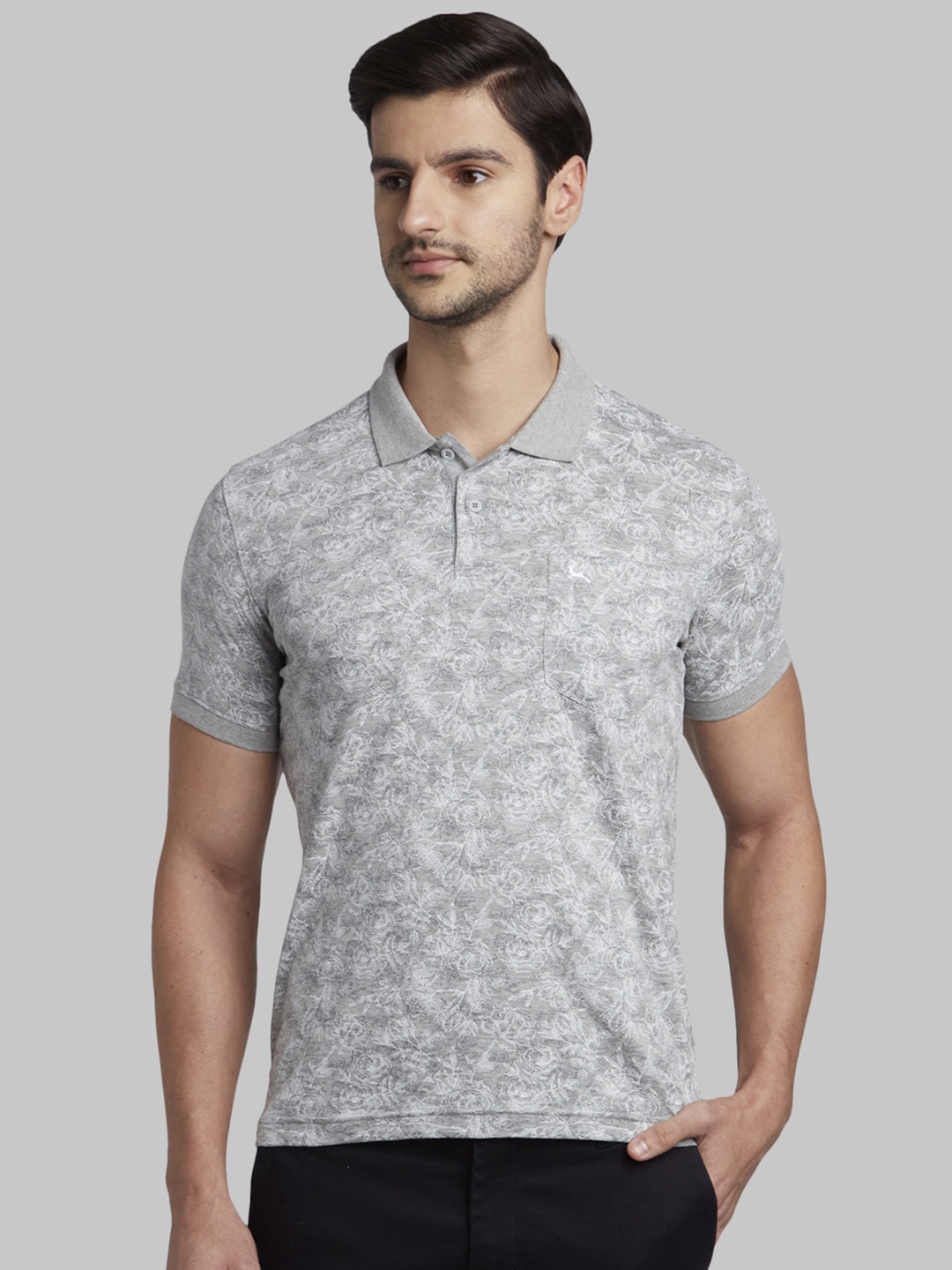 

Parx Men Grey White Printed Polo Collar Pure Cotton T-shirt