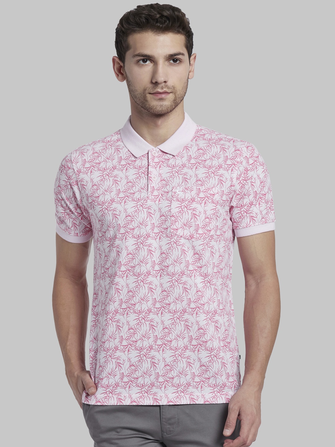 

Parx Men Coral Pink White Printed Polo Collar Pure Cotton T-shirt