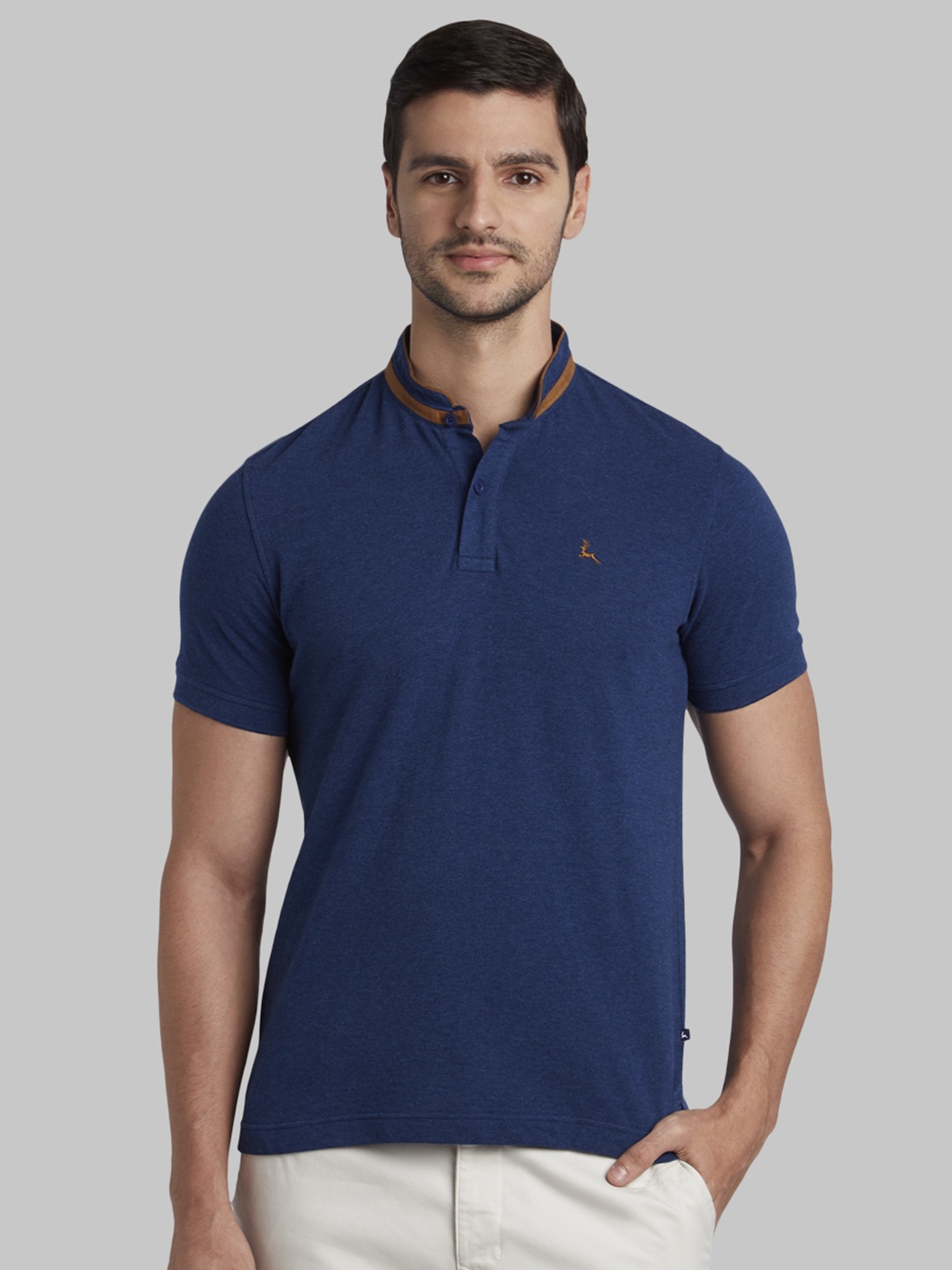 

Parx Men Navy Blue Solid Mandarin Collar Pure Cotton T-shirt