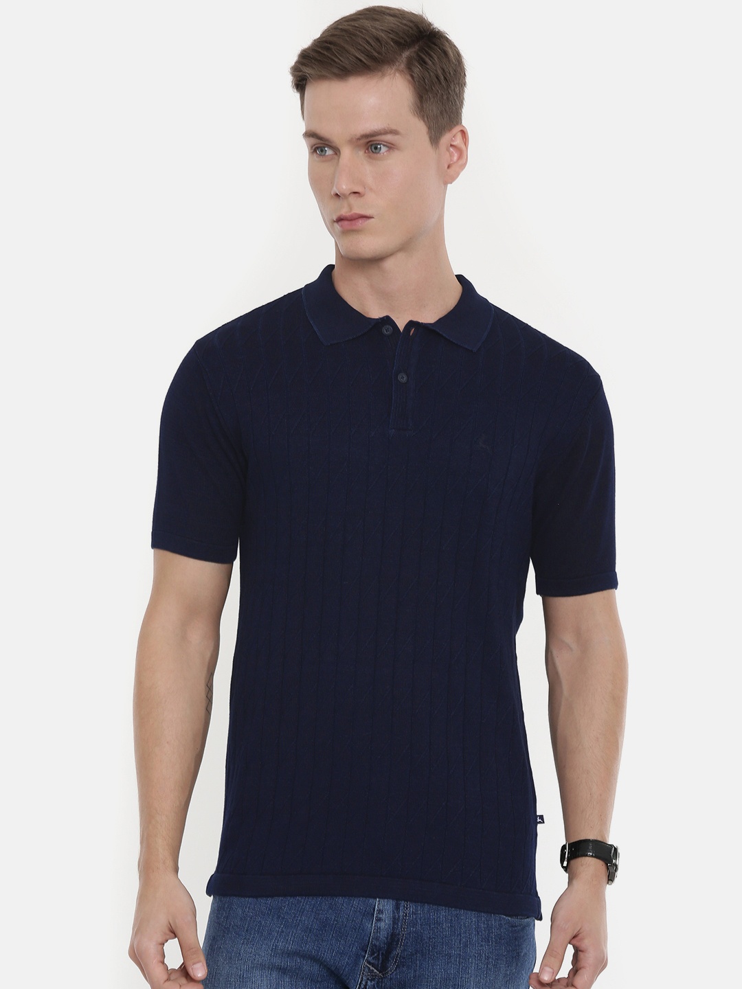 

Parx Men Navy Blue Self Design Polo Collar Pure Cotton T-shirt