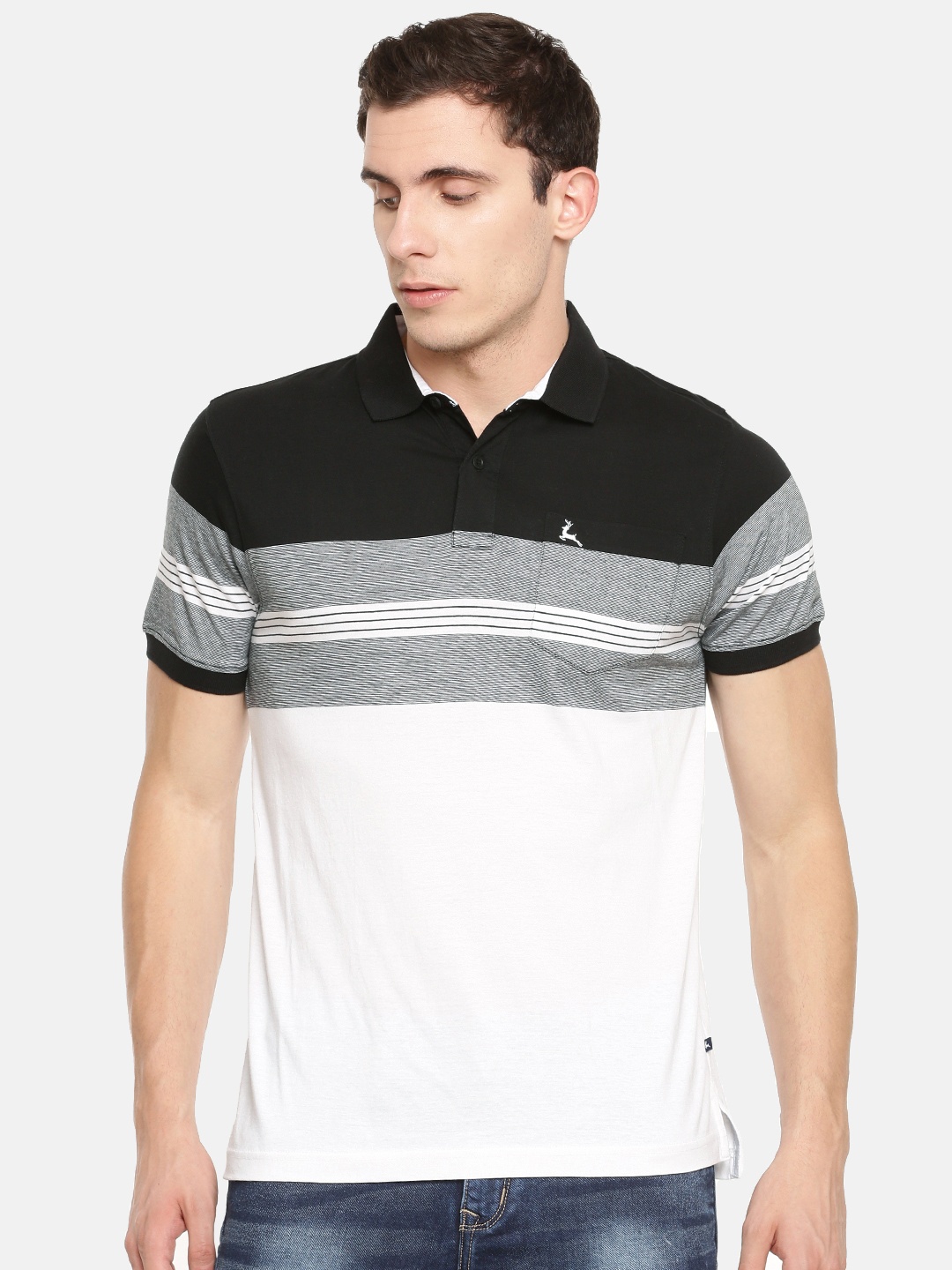 

Parx Men Black White Striped Polo Collar Pure Cotton T-shirt