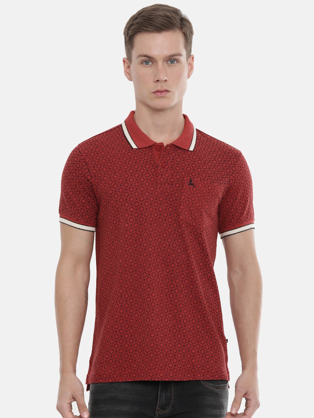 

Parx Men Maroon Black Printed Polo Collar Pure Cotton T-shirt