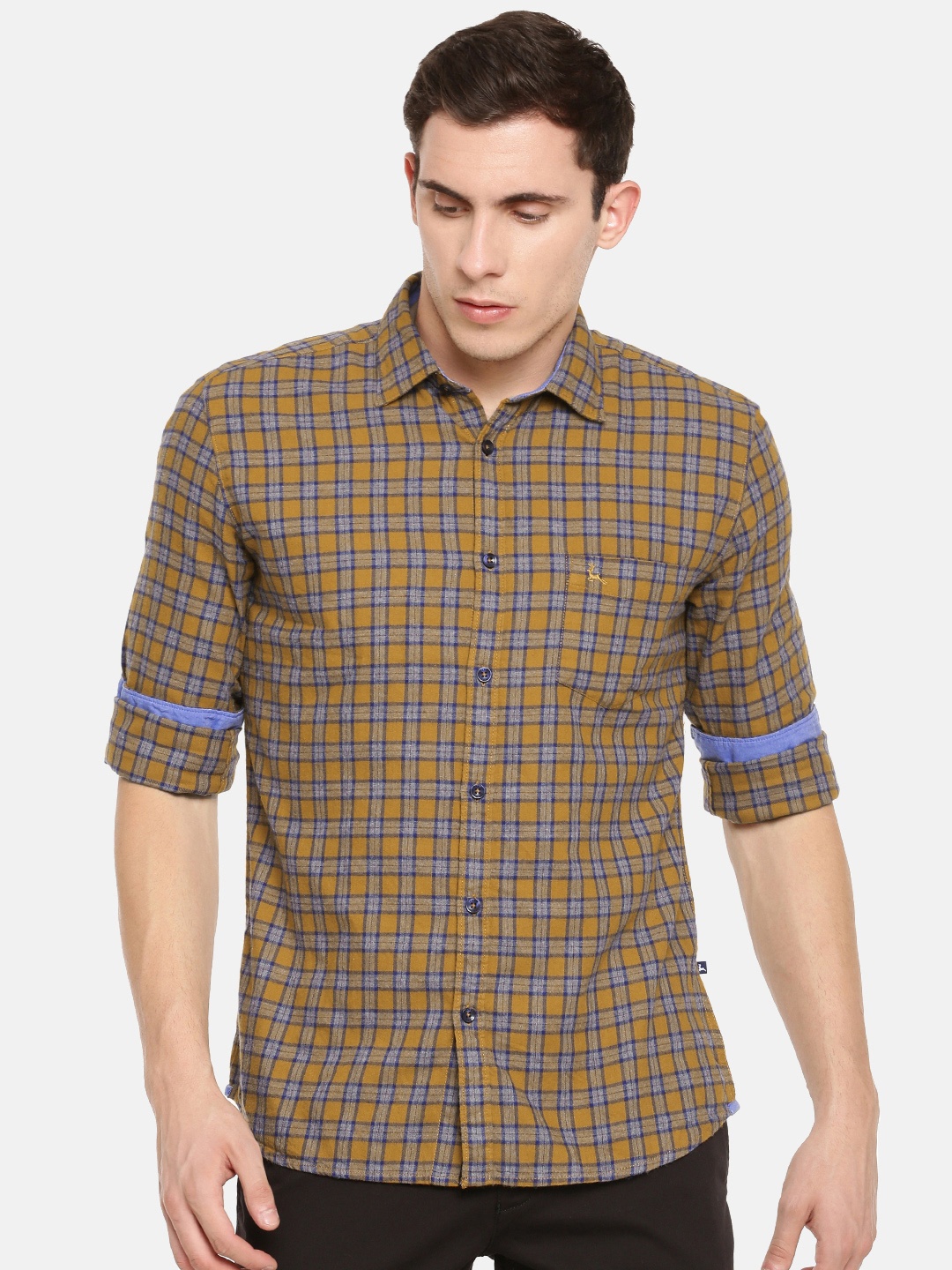 

Parx Men Mustard Yellow & Blue Slim Fit Checked Casual Shirt