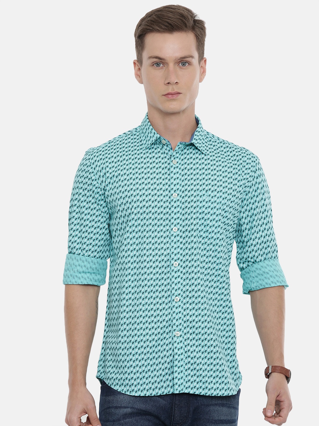 

Parx Men Sea Green & Black Printed Slim Fit Casual Shirt