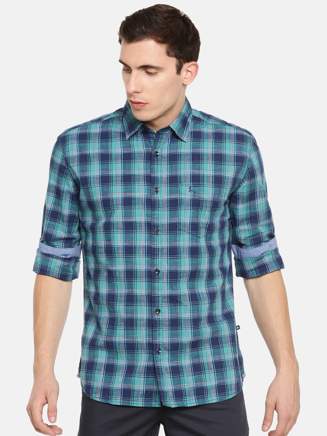 

Parx Men Green & Navy Blue Checked Slim Fit Casual Shirt