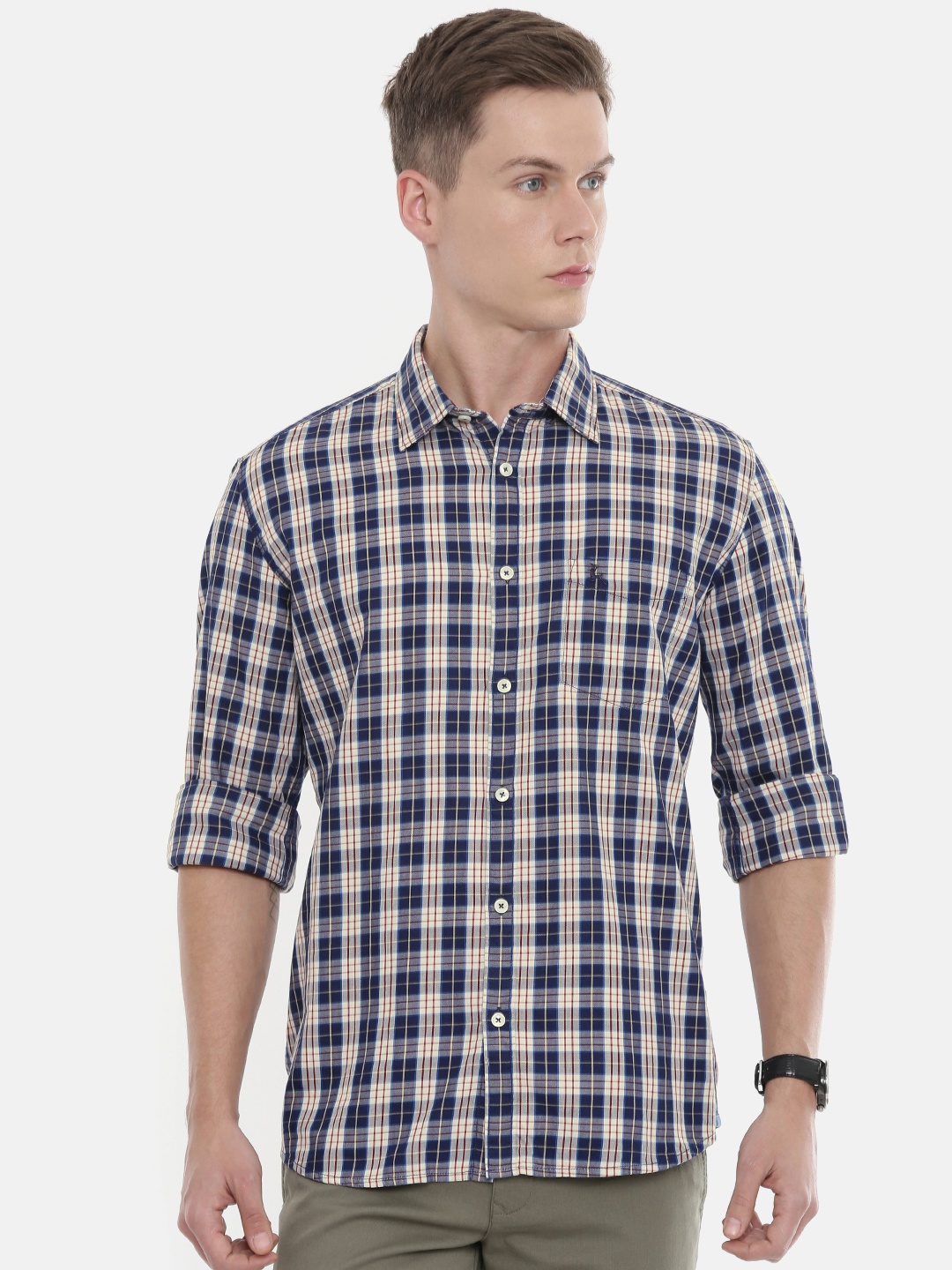 

Parx Men Navy Blue & Off-White Slim Fit Checked Casual Shirt