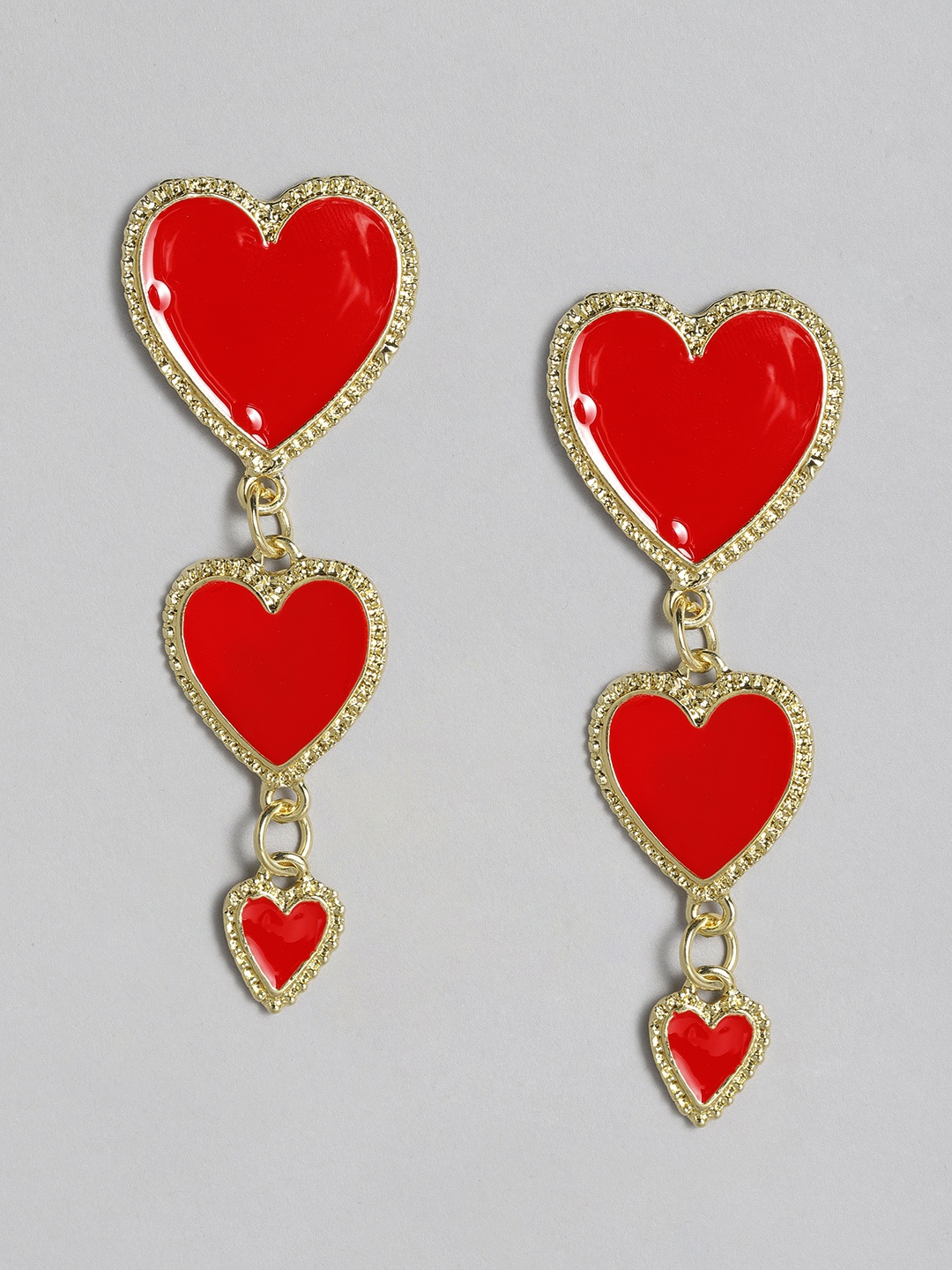 

justpeachy Red & Gold-Plated Enamelled Heart Shaped Drop Earrings