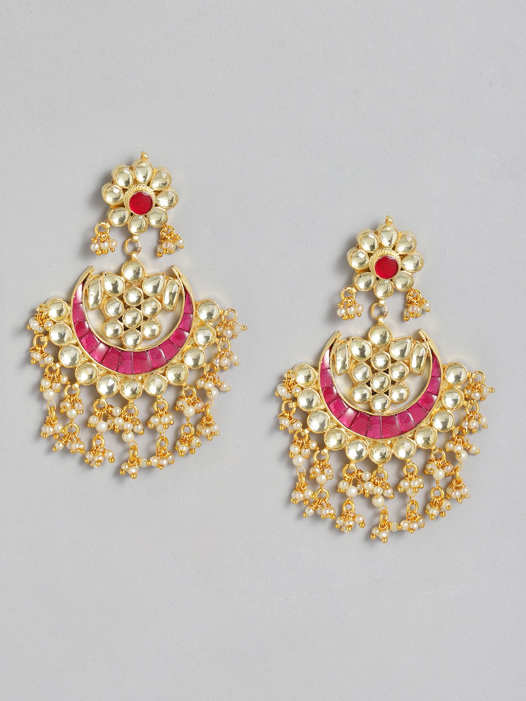 

justpeachy Pink Gold-Plated Kundan-Studded Handcrafted Crescent Shaped Chandbalis