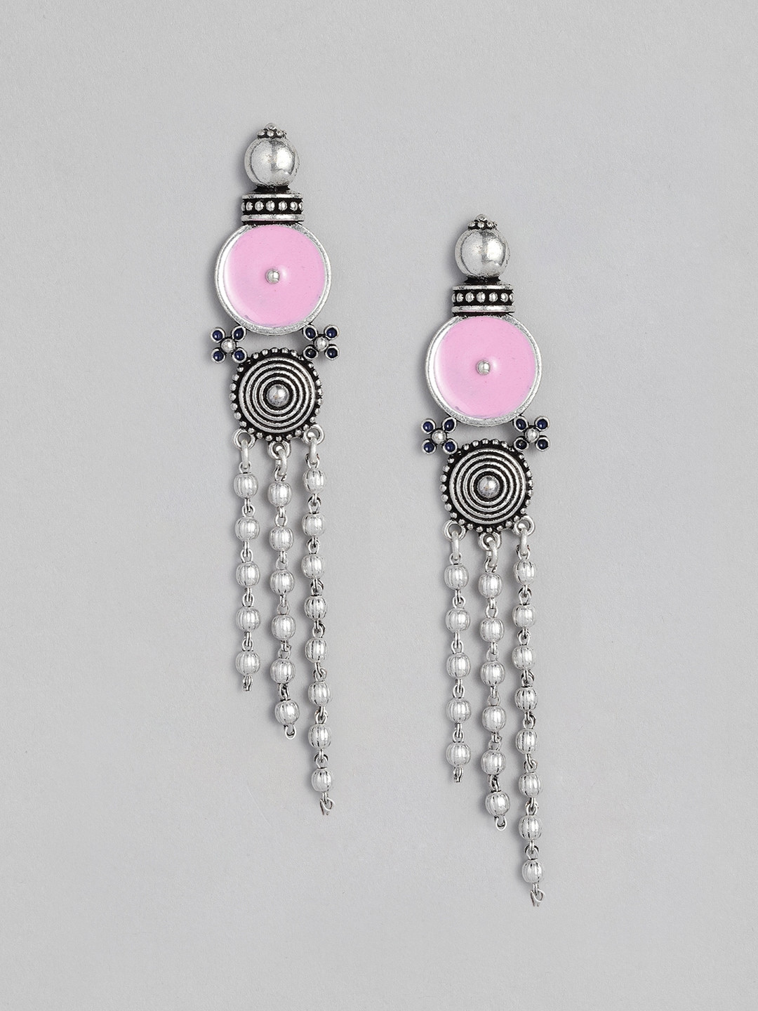 

justpeachy Silver-Toned & Pink Contemporary Drop Earrings