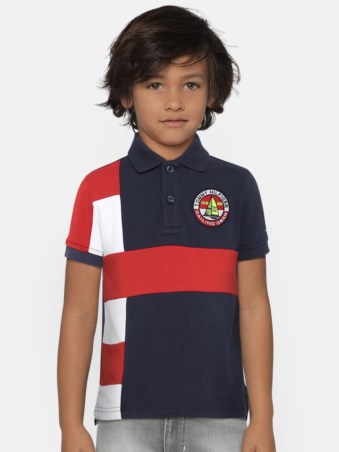 

Tommy Hilfiger Boys Navy Blue Red Colourblocked Polo Collar Pure Cotton T-shirt