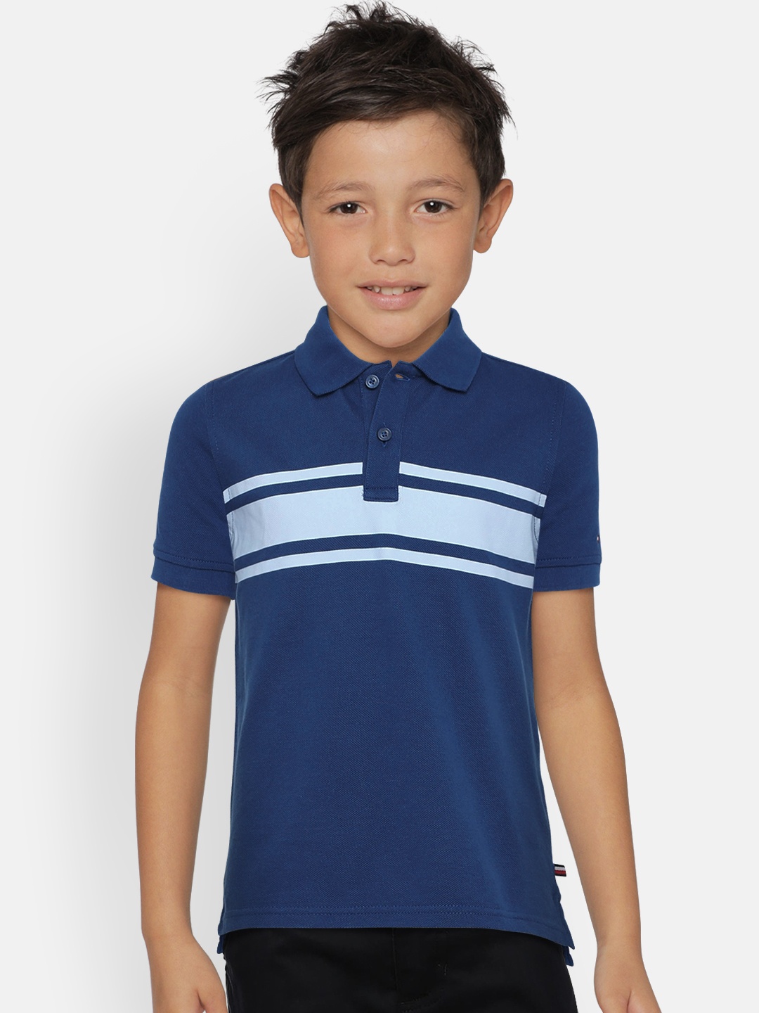 

Tommy Hilfiger Boys Blue Striped Polo Collar Pure Cotton T-shirt
