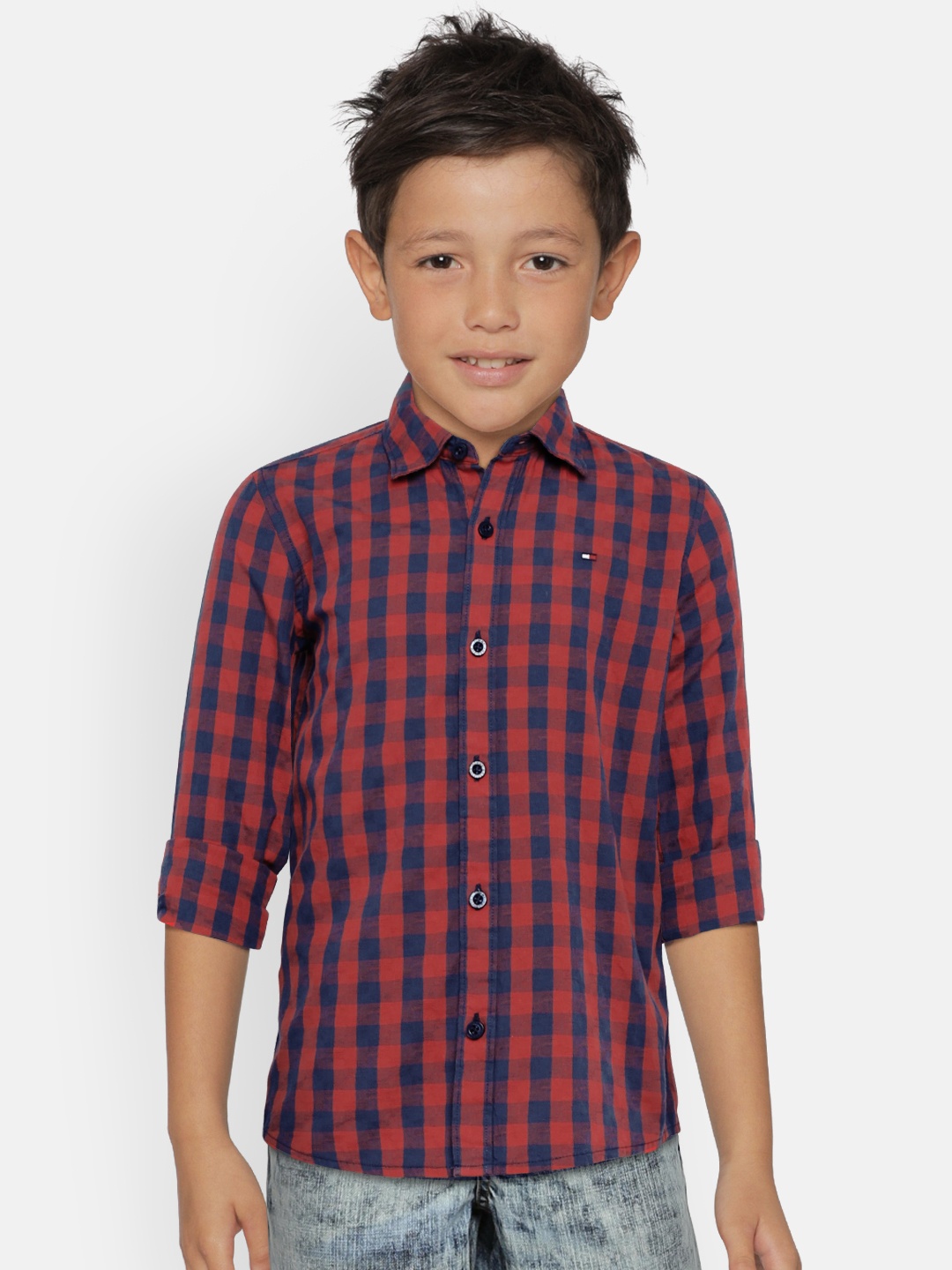 

Tommy Hilfiger Boys Red & Teal Blue Checked Regular Fit Casual Shirt