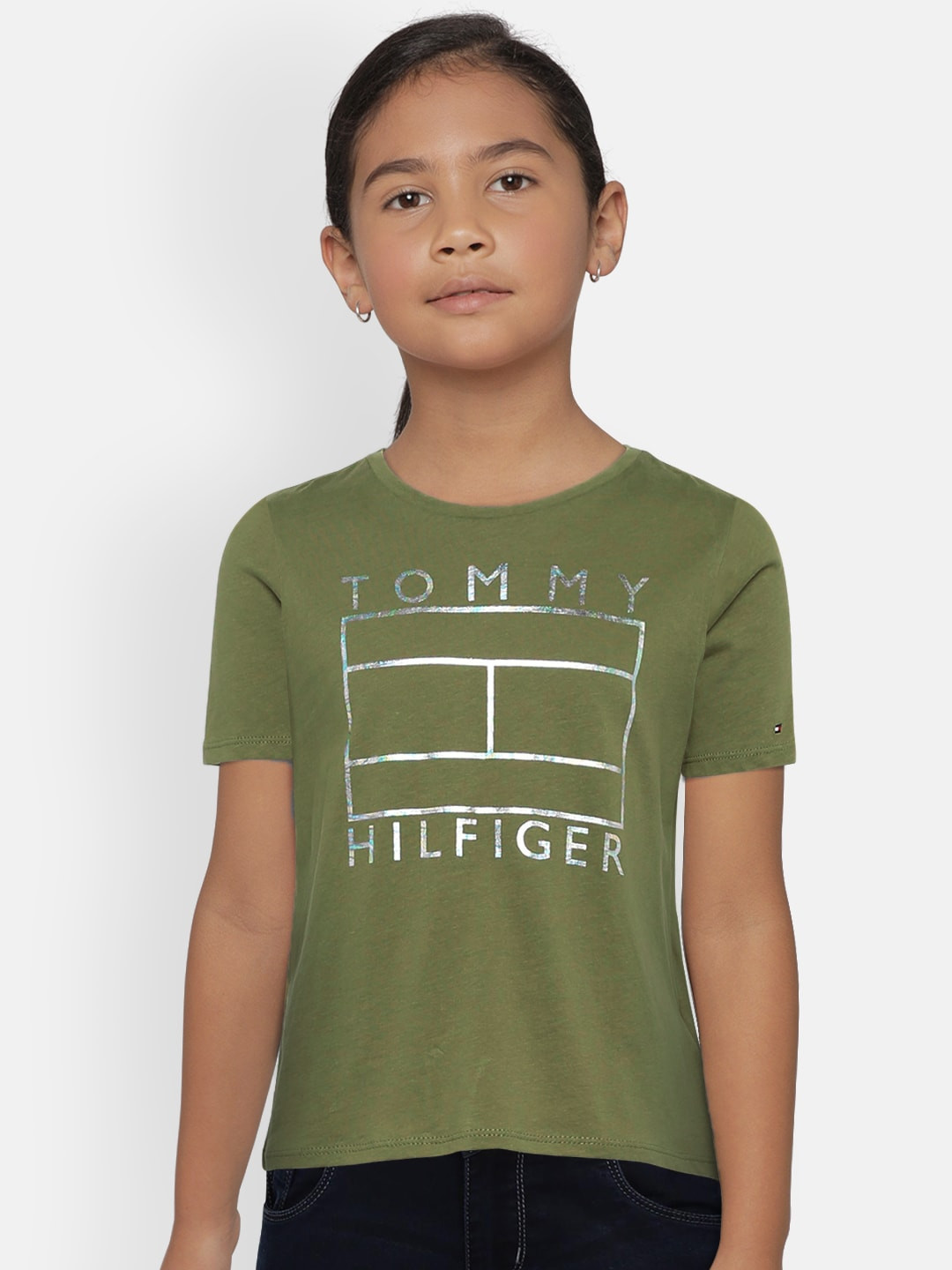 

Tommy Hilfiger Girls Olive Green Printed Round Neck Pure Cotton T-shirt
