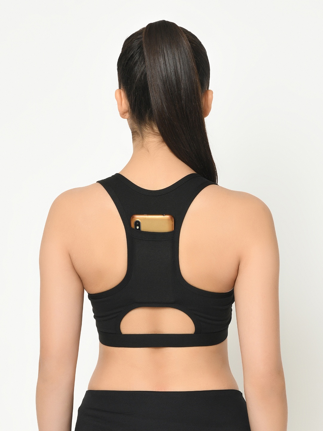

Da Intimo Black Solid Non-Wired Lightly Padded Cell Phone Pocket Sports Bra DIX-194