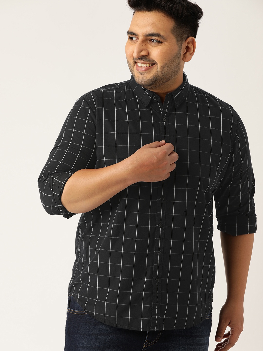 

Sztori Plus Size Men Black White Regular Fit Checked Casual Shirt