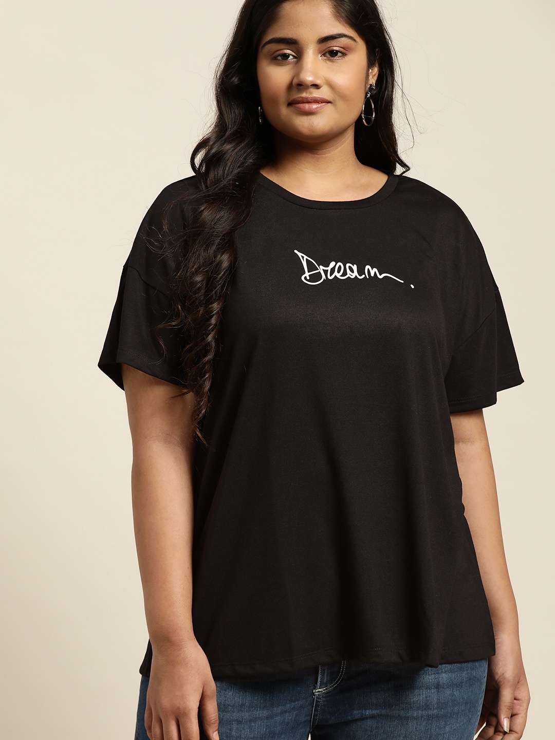 

Sztori Women Black Plus Size Printed Round Neck T-shirt