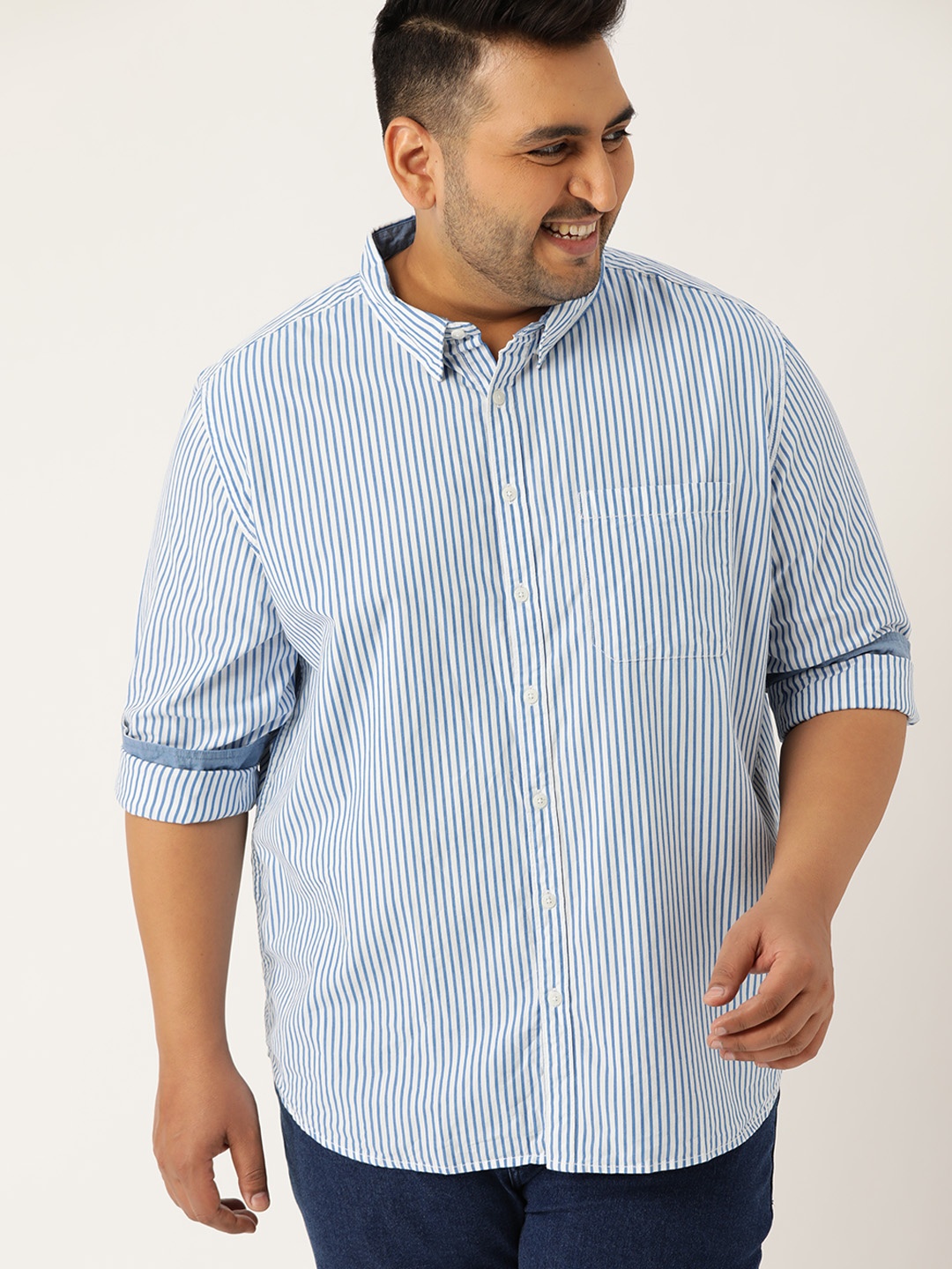 

Sztori Plus Size Men Navy Blue White Regular Fit Striped Casual Shirt