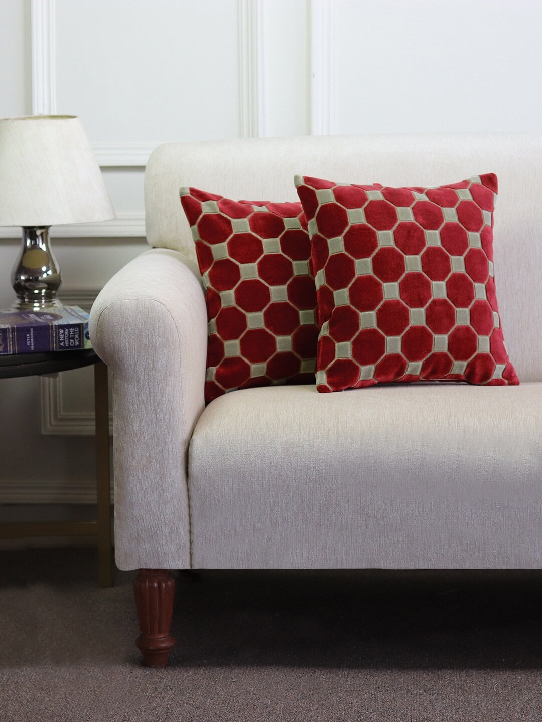 

GM Red & Cream-Coloured Set of 2 Geometric Square Cushion Covers