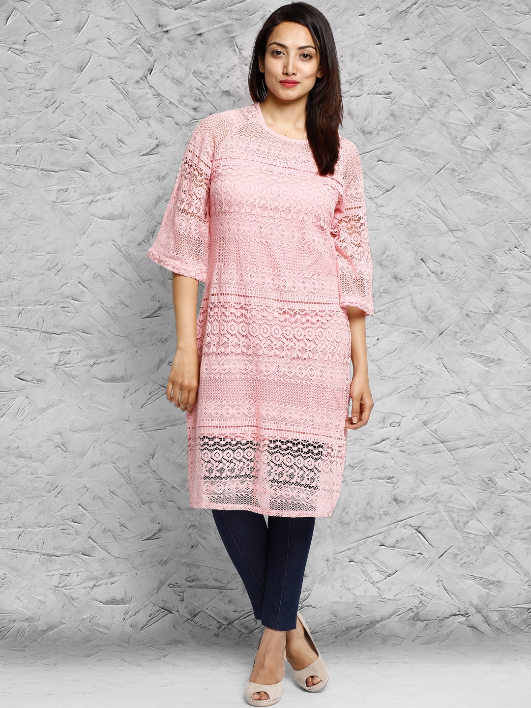 

IMARA Fusion Pink Lace Vintage Floral Kurta