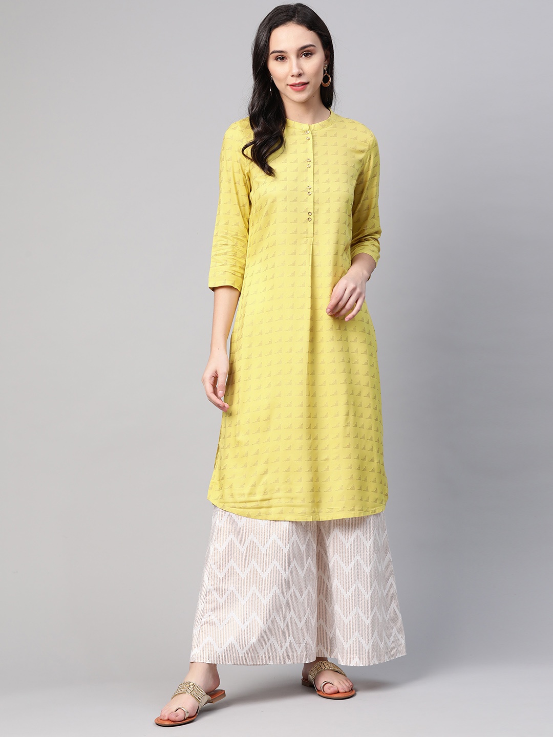 

W Women Yellow & Golden Printed Straight Kurta