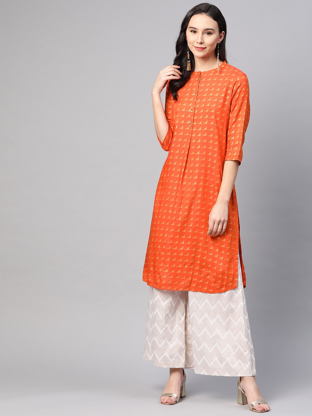 

W Women Orange & Golden Printed Straight Kurta