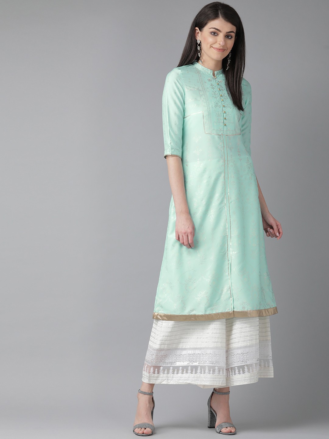 

W Women Blue & Golden Printed A-Line Kurta