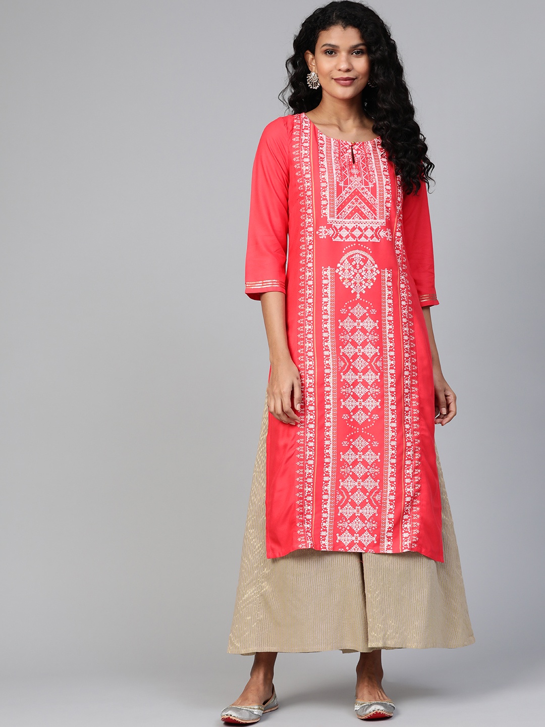 

W Women Coral Red & White Printed Straight Kurta