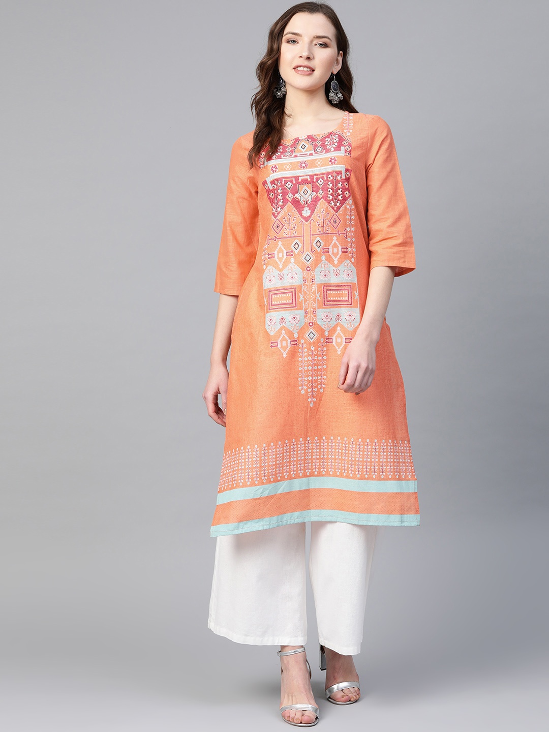 

W Women Orange & Maroon Printed Straight Kurta