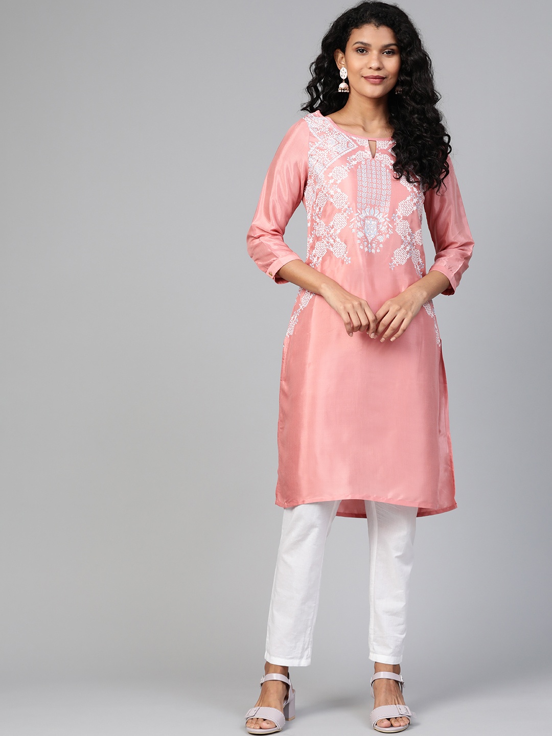 

W Women Peach-Coloured & White Printed Straight Kurta