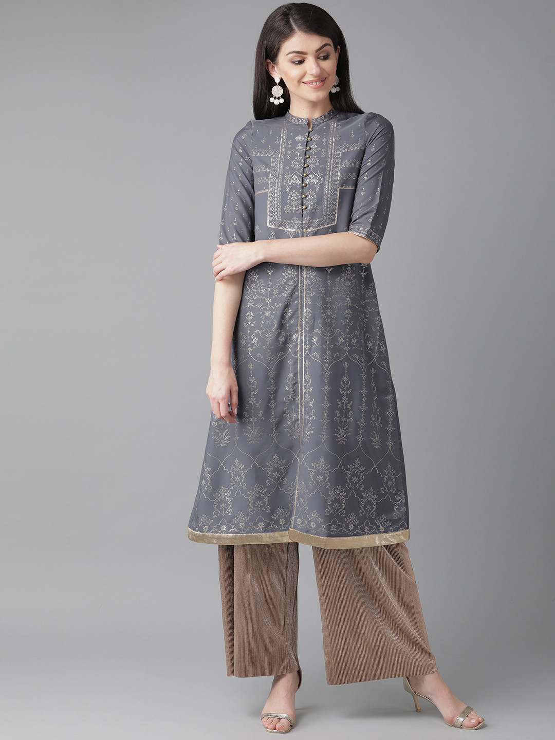 

W Women Charcoal Grey & Golden Printed A-Line Kurta