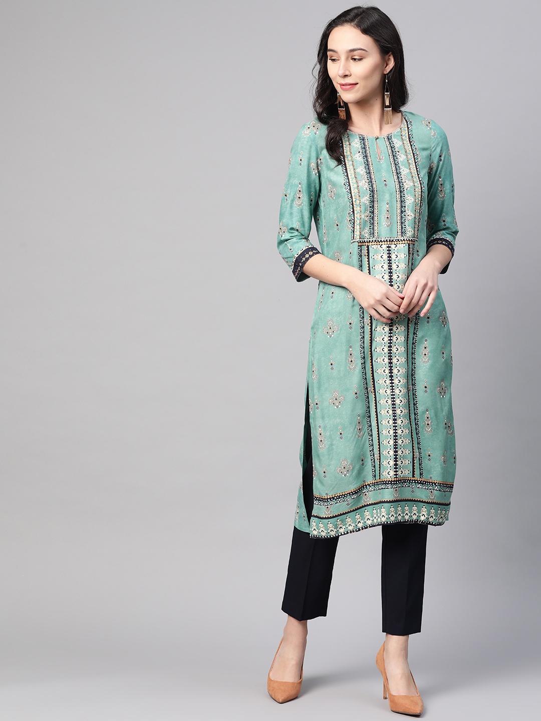 

W Women Blue & Golden Printed Straight Kurta