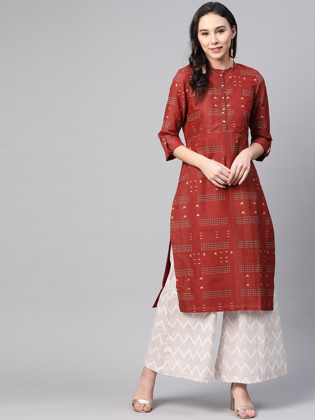 

W Women Maroon & Golden Printed Pure Cotton Straight Kurta