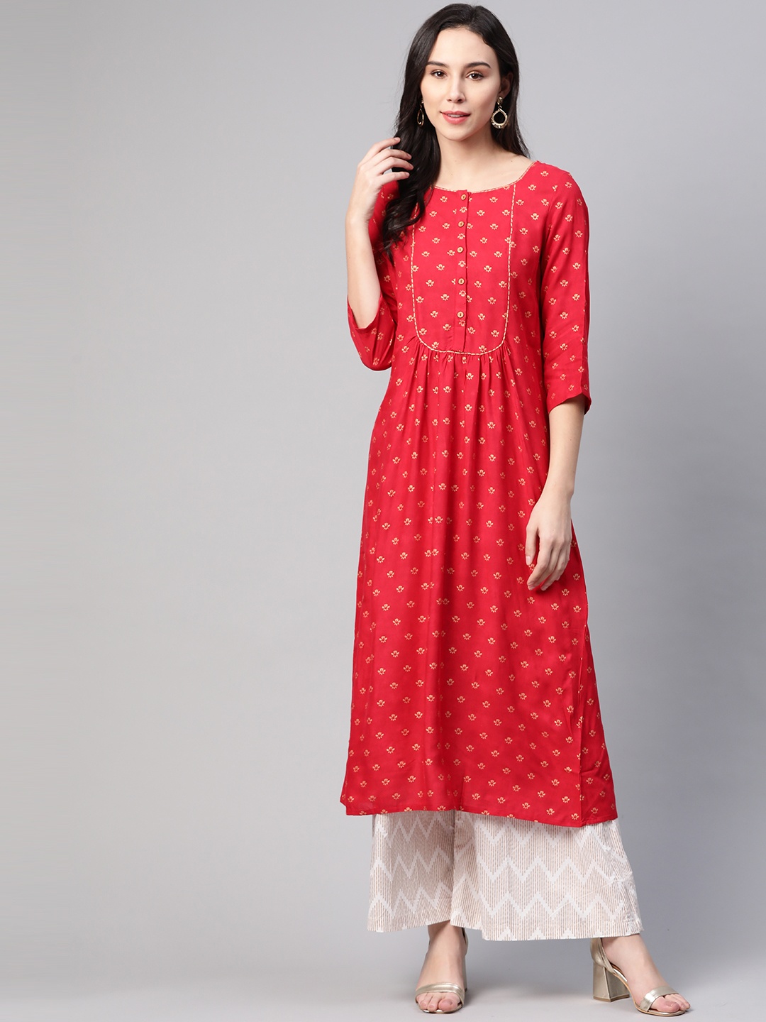 

W Women Red & Golden Printed A-Line Kurta