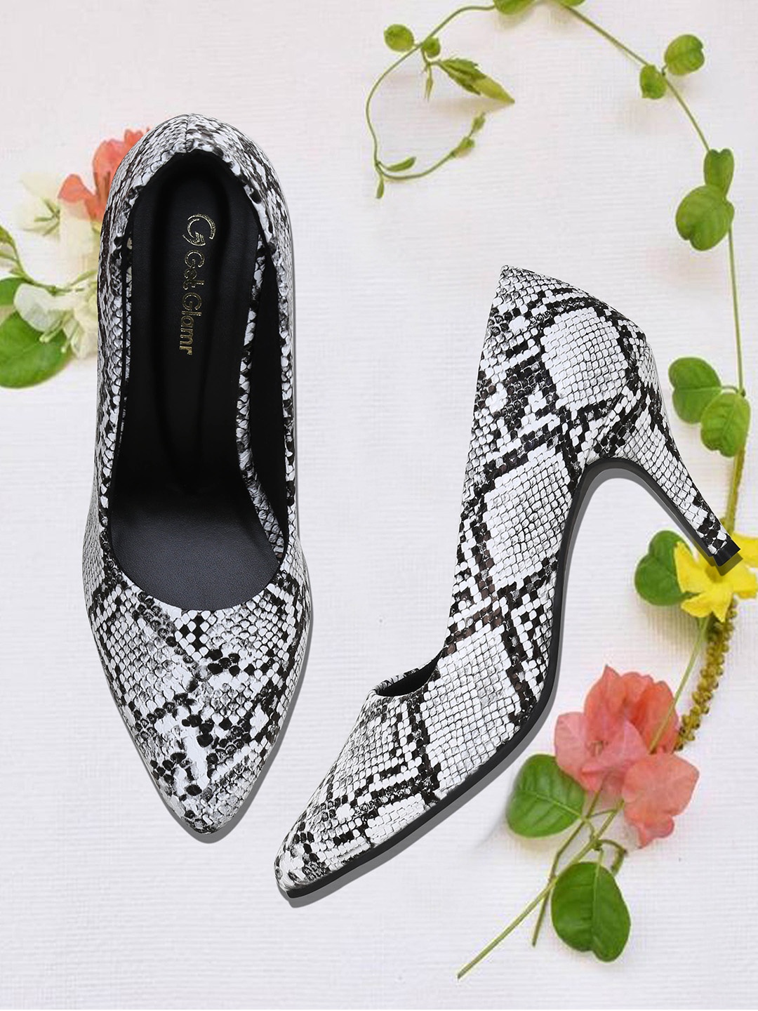 

Get Glamr Women White & Black Printed Pumps