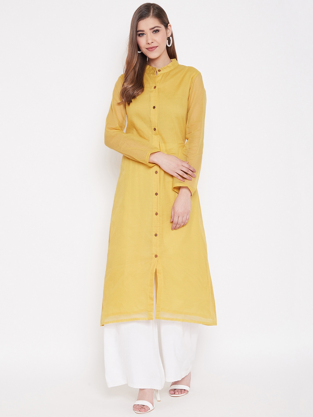 

TJORI Women Yellow Checked Handcrafted A-Line Kurta