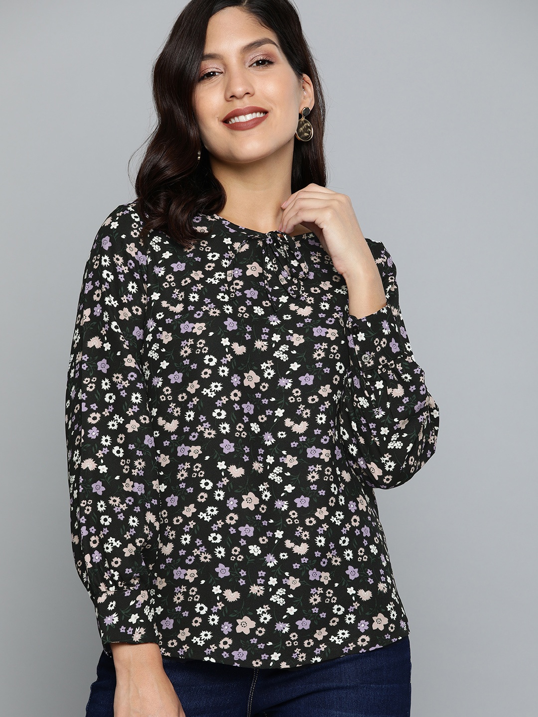 

HERE&NOW Women Black Ditsy Floral Print Top