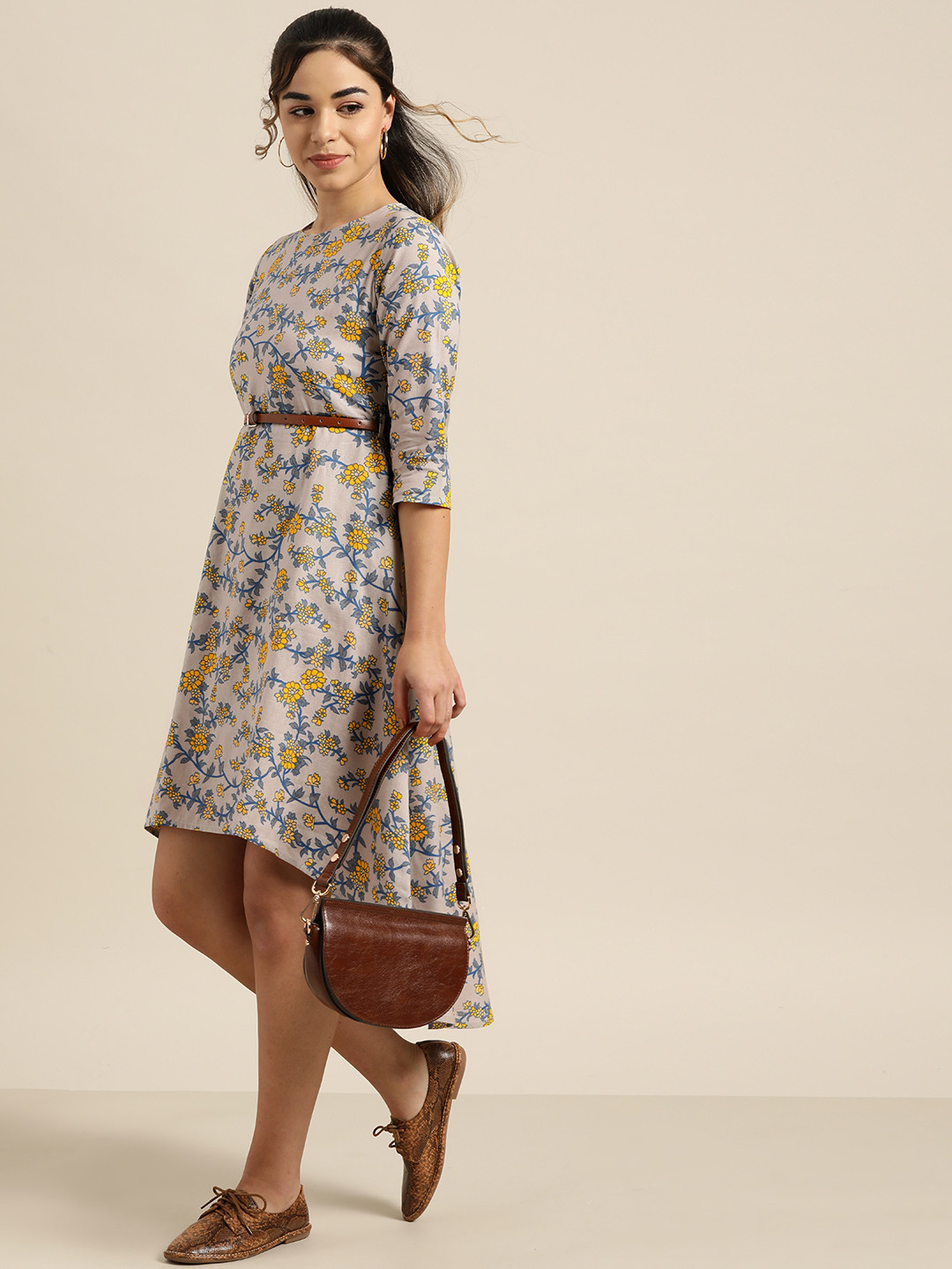 

Shae by SASSAFRAS Women Grey & Mustard Yellow Floral Printed A-Line Dress