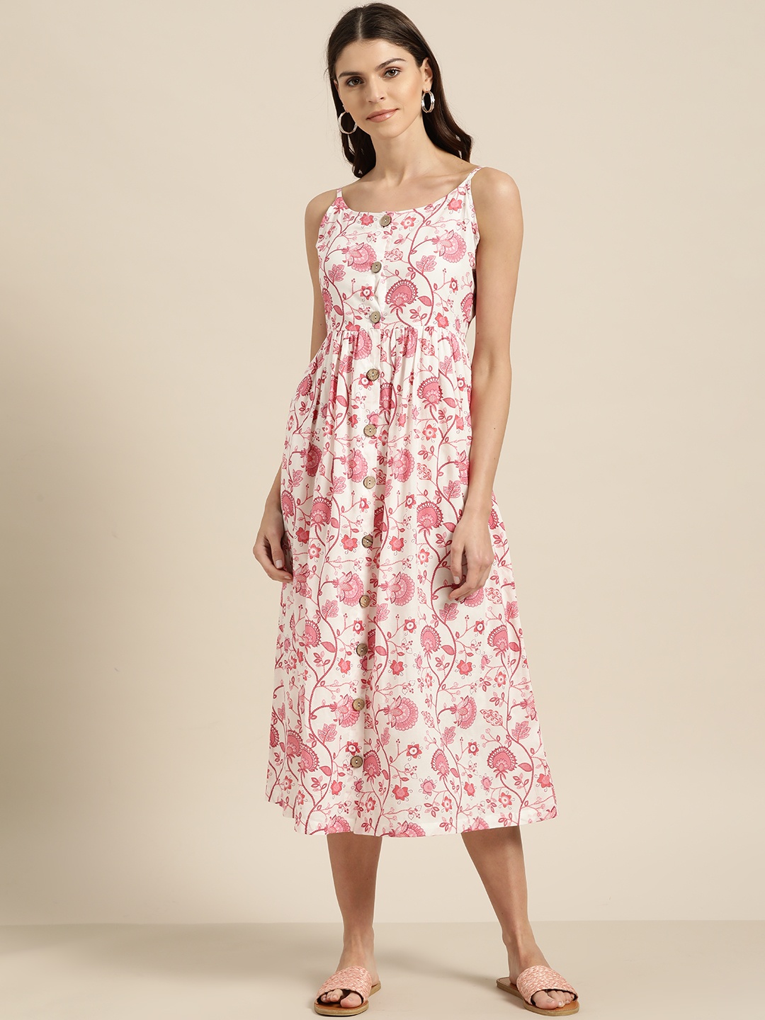 

Shae by SASSAFRAS Women White & Pink Printed A-Line Dress