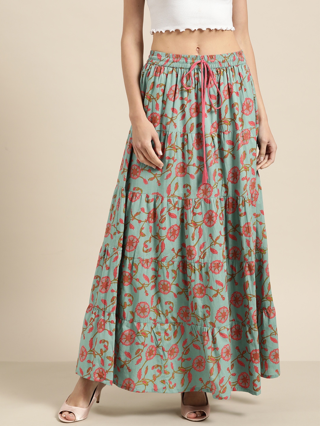 

Shae by SASSAFRAS Women Green & Pink Printed Flared Maxi Skirt