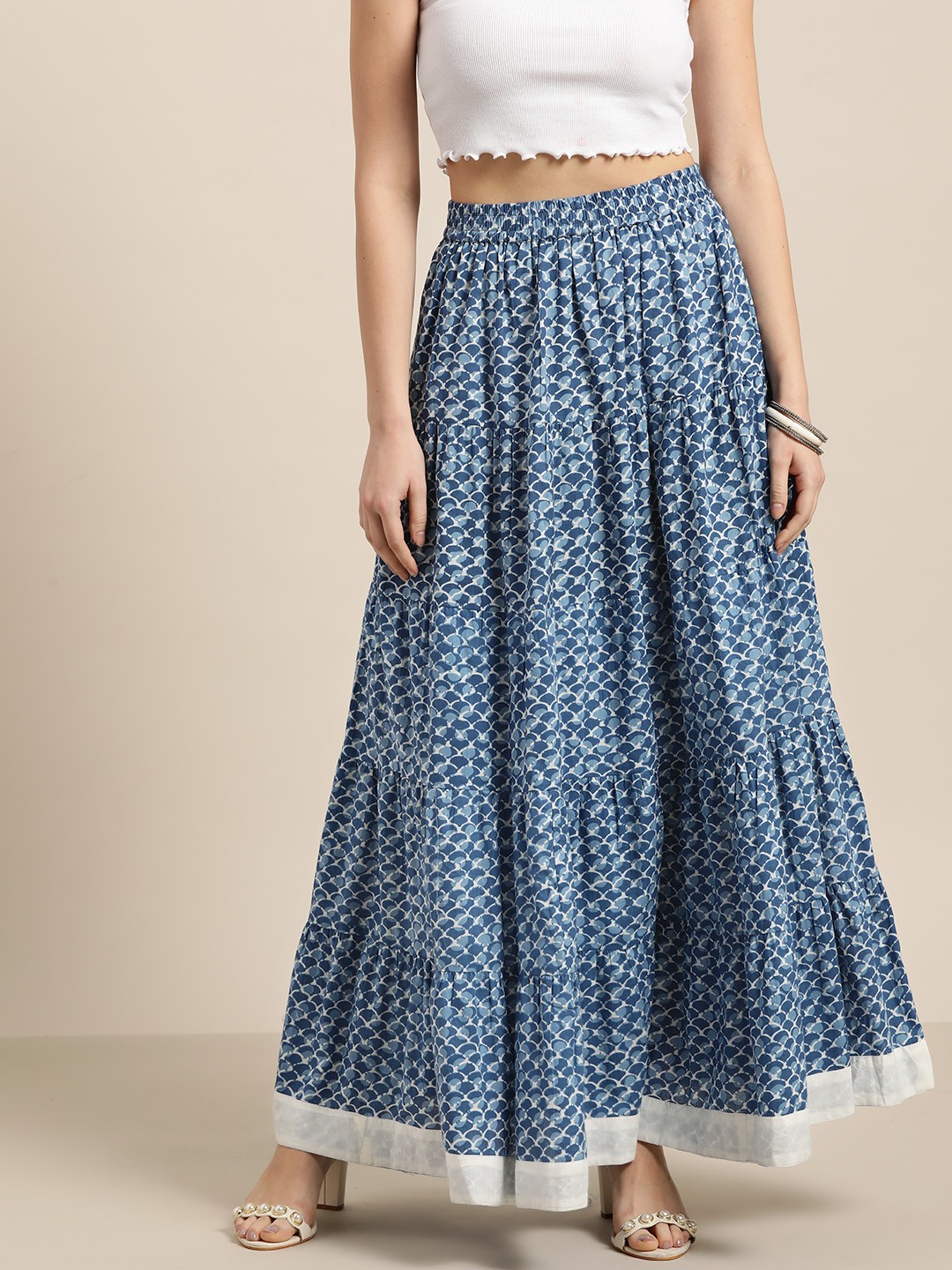 

Shae by SASSAFRAS Blue & White Maxi Pure Cotton Tiered Skirt