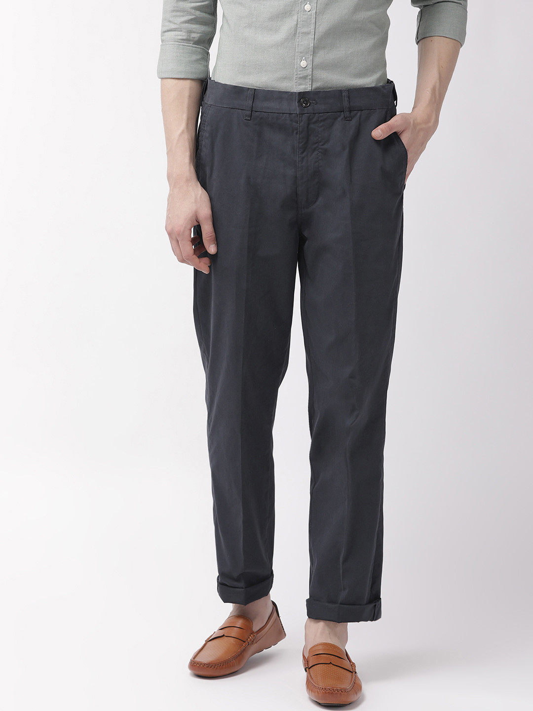 

Marks & Spencer Men Navy Blue Regular Fit Solid Trousers