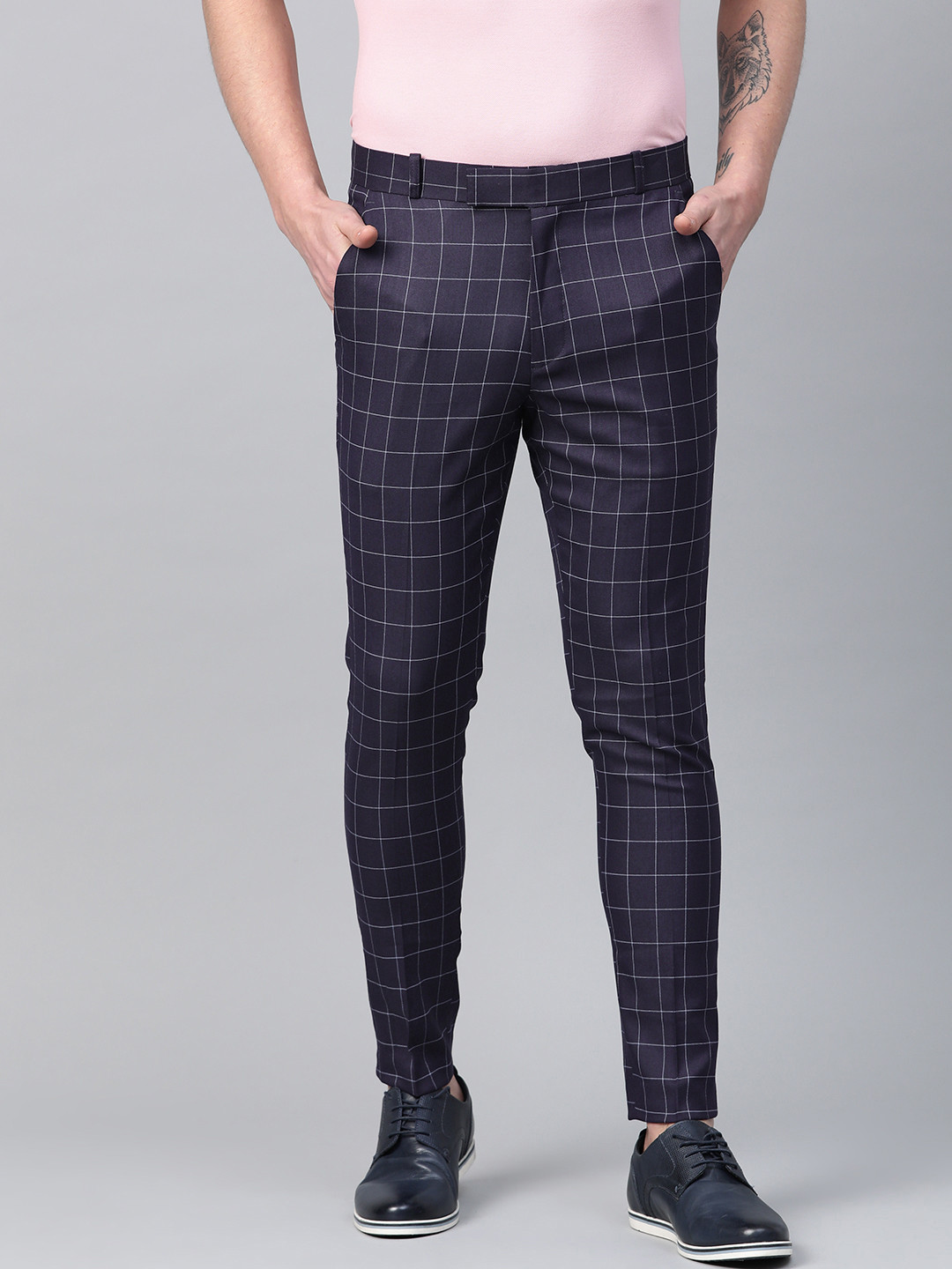 

DENNISON Men Navy Blue & White Smart Tapered Fit Checked Regular Trousers