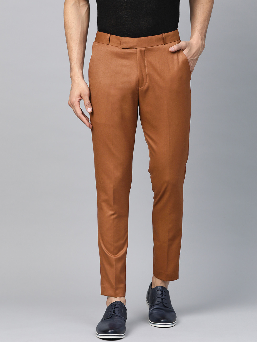 DENNISON Men Rust Red Smart Tapered Fit Solid Regular Trousers