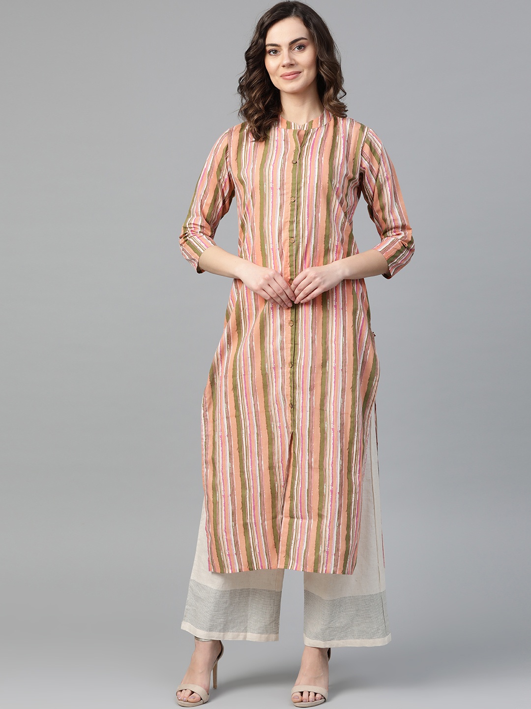 

KSUT Women Peach-Coloured & Green Striped Straight Kurta