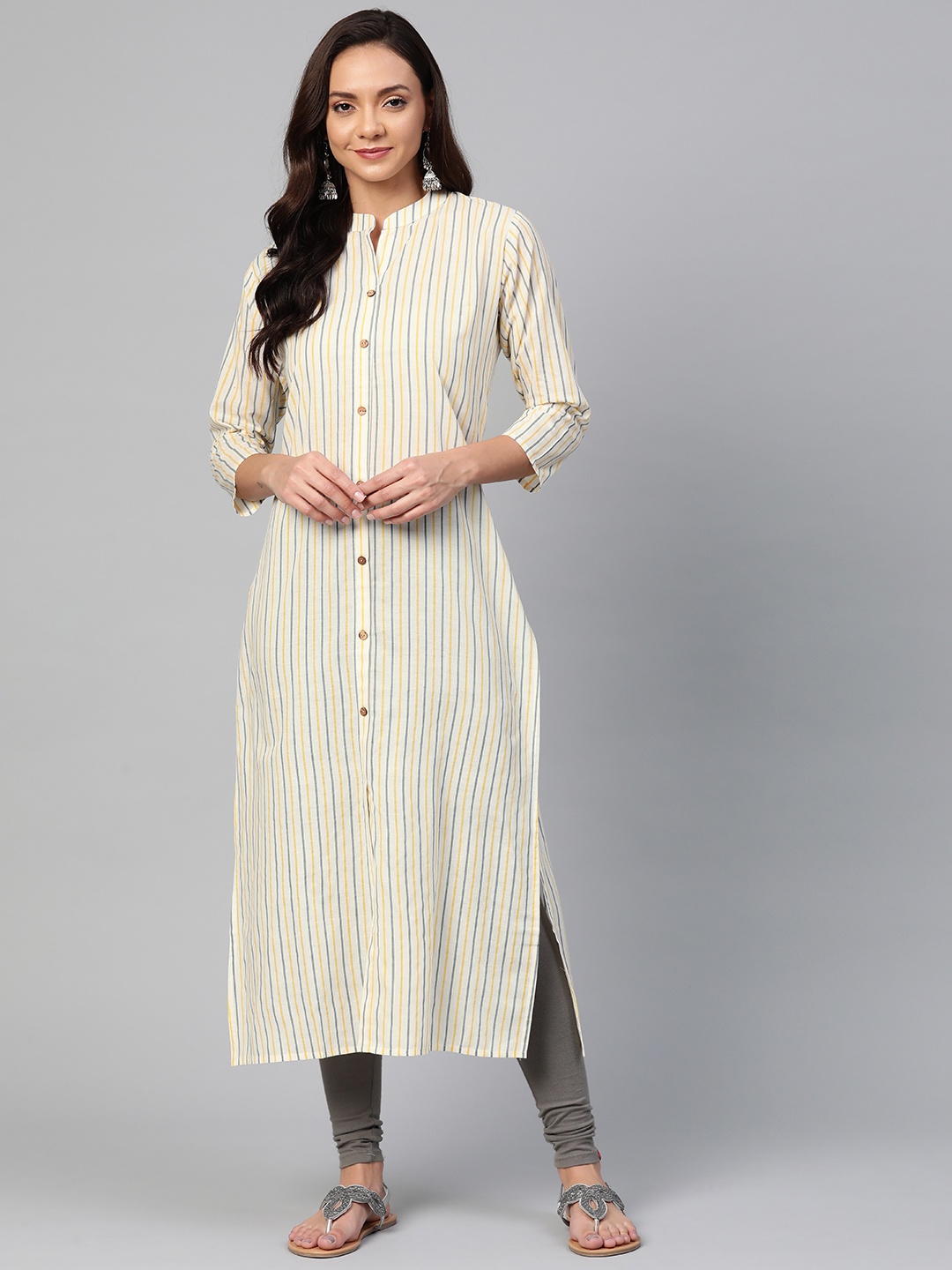 

KSUT Women Off-White & Yellow Striped Straight Kurta