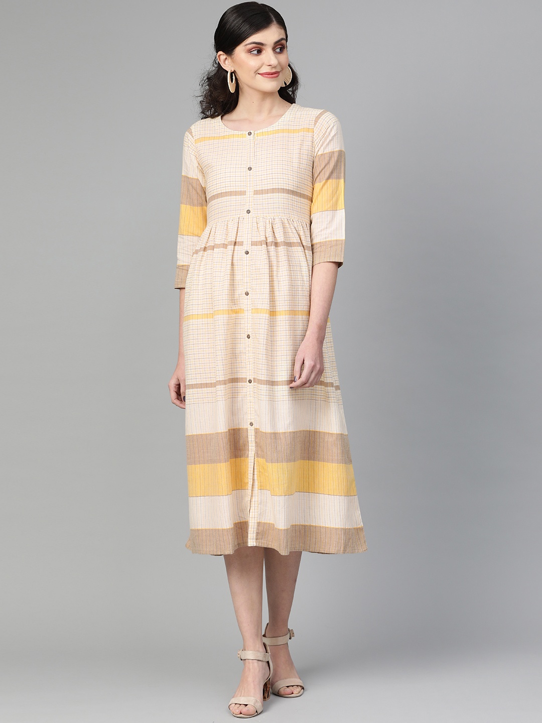 

Varanga Women Cream-Coloured & Mustard Yellow Checked A-Line Dress