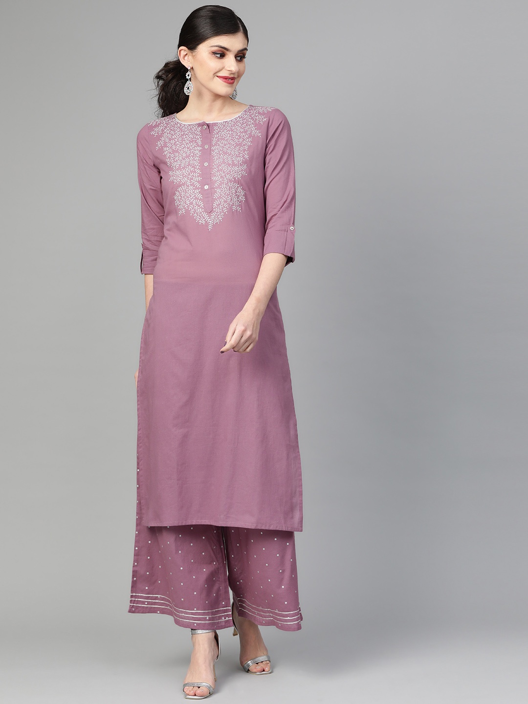 

Varanga Women Mauve & Silver Yoke Design Kurta with Palazzos
